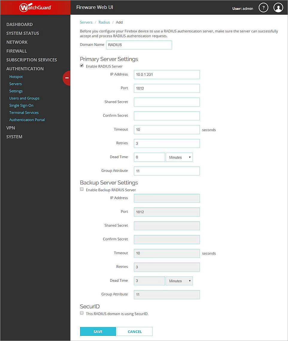 RADIUS Server Settings on the Firebox